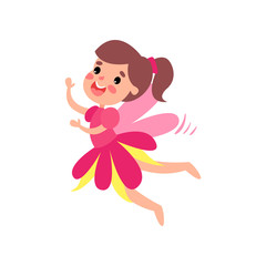 Cute happy pink fairy with wings flying cartoon vector Illustration