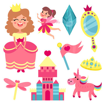 Fairy tale set, collection with accessories for a little princess or fairy vector Illustrations
