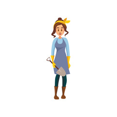 Young female farmer standing with shovel, gardener at work cartoon vector Illustration