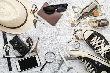 Overhead view of Traveler's accessories, Essential vacation items, Travel concept background