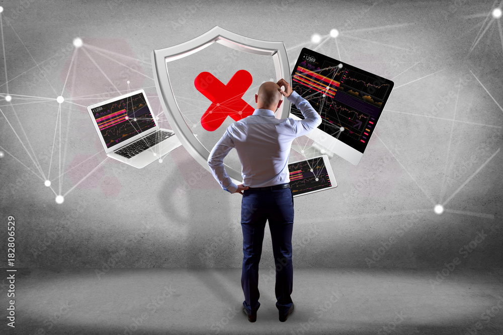 Poster hacked shield symbol surrounded by devices and network displayed on a futuristic interface