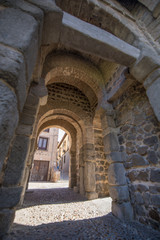 Fototapeta na wymiar inside ancient building Alfonso VI Gate, landmark and ancient age monument from tenth century, one of the pedestrian public access to Toledo city, Spain, Europe 