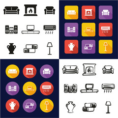 Living Room All in One Icons Black & White Color Flat Design Freehand Set