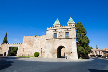 facade of ancient building new Bisagra Gate, landmark and ancient monument of arab age and sixteenth century, the main access to Toledo city, Spain, Europe
