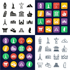 Landmarks Of The World All in One Icons Black & White Color Flat Design Freehand Set