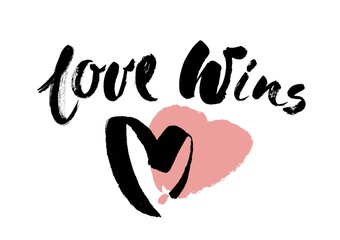 Love wins, ink brush hand lettering. Modern calligraphy.