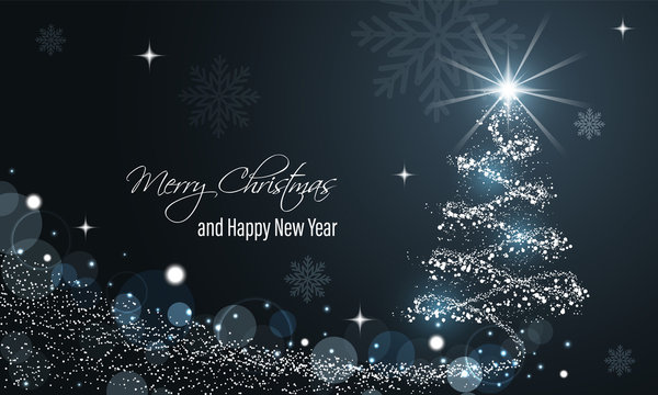 Christmas and New Year glowing blue vector banner with snow wave, glitter, stars, snowflakes and christmas tree.