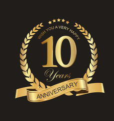 Anniversary golden badge with golden ribbon 10 years vector 