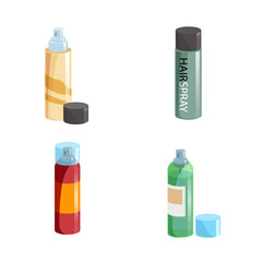 Simple gradient hair spray fixation icons set. Closed   with transparent cap and opened different colors bottles. Hair care and styling accessory vector illustration collection.