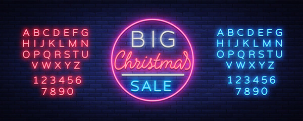 Christmas sale discounts, card postcard in neon style. Neon sign, bright poster, luminous night advertising Christmas sales. Vector illustration. Editing text neon sign. Neon alphabet