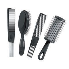 Trendy design haircare icons set. Metal and plastic comb, cylinder and brush professional black hair styling accessories tools. Vector illustration.