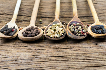 Nahaufnahme von fünf Kochlöffeln aus Holz in einer Reihe mit verschiedenen exotischen Gewürzen auf rustikalem Holzhintergrund mit Textfreiraum