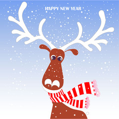 Cartoon fan, cute reindeer in red striped scarf with white horns on blue, snow, Happy New Year stock vector illustration for typography banner, for congratulation card, greeting card