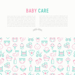 Fototapeta na wymiar Baby care concept with thin line icons: newborn, diaper, pacifier, crib, footprints, bathtub with bubbles. Vector illustration for banner, web page, print media.