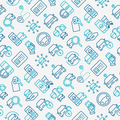 Car sharing seamless pattern with thin line icons of driver's license, key, blocked car, pointer, available, searching of car. Vector illustration for banner, web page, print media.