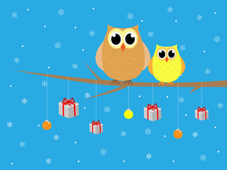 Cute merry christmas owls in tree with presents