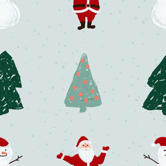 Seamless pattern with Santa, snowmen, snowflakes and Christmas trees. Xmas and winter holidays elements background. Hand drawn vector texture.