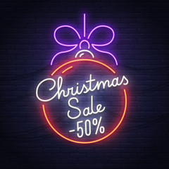 Christmas Sale neon sign. Neon sign. Merry Christmas and Happy New Year banner, logo, emblem and label. Bright signboard, light banner. 