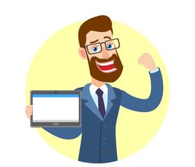 Hipster Businessman holding tablet PC and showing biceps
