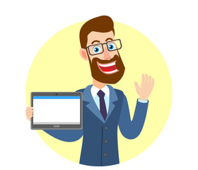 Hipster Businessman holding tablet PC and raised a hand in greeting