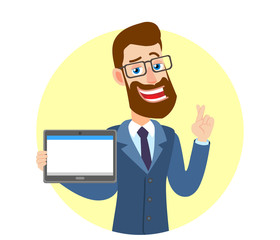 Hipster Businessman with crossed fingers holding tablet PC