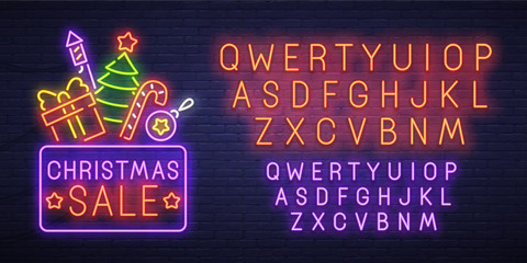 Christmas sale neon sign, bright signboard, light banner. New Year logo, emblem and label. Neon sign creator. Neon text edit