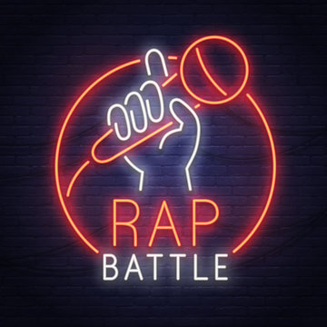 Rap Battle neon sign. Neon sign. Stand Up logo, emblem and label. Bright signboard, light banner. 