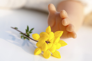 main de poupée saisissant une fleur