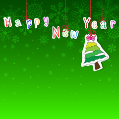 Sticker style cartoon vector and illustration of Christmas tree and Happy New Year words hanging on bright Christmas green color background with snowflake pattern