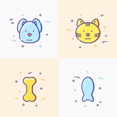 Cute dog and cat, pet food, bone, fish thin line icons set. Modern vector illustration.
