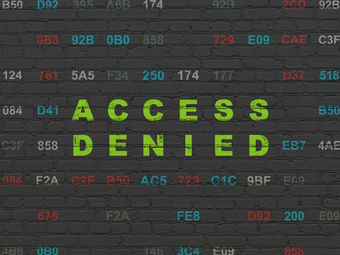 Safety concept: Painted green text Access Denied on Black Brick wall background with Hexadecimal Code