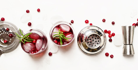Cranberry cocktail with ice, rosemary and berries, bar tools, white background, banner, top view