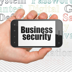 Privacy concept: Hand Holding Smartphone with  black text Business Security on display,  Tag Cloud background, 3D rendering
