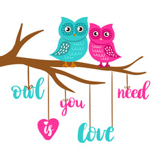 Cute loving owls couple. Owl you need is love lettering poster. Tshirt, bag, school book or notepad design