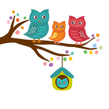 Owls family sitting on a branch