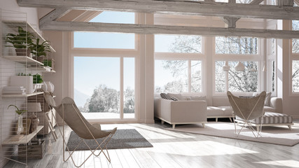 Fototapeta premium Living room of luxury eco house, parquet floor and wooden roof trusses, panoramic window on winter meadow, modern white interior design