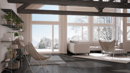 Living room of luxury eco house, parquet floor and wooden roof trusses, panoramic window on winter meadow, modern white and gray interior design
