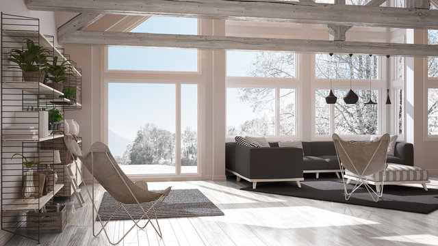 Living room of luxury eco house, parquet floor and wooden roof trusses, panoramic window on winter meadow, modern white and gray interior design