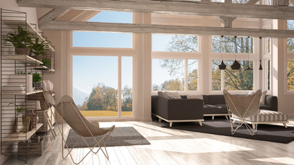 Living room of luxury eco house, parquet floor and wooden roof trusses, panoramic window on autumn meadow, modern white and gray interior