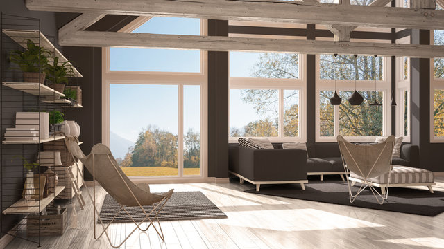 Living room of luxury eco house, parquet floor and wooden roof trusses, panoramic window on autumn meadow, modern white and gray interior