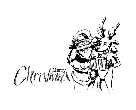 Drunk Santa Claus and reindeer with beer mug in hand, vector illustration.