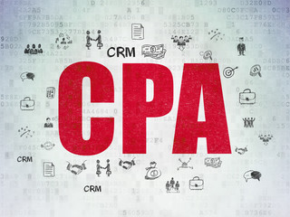 Finance concept: Painted red text CPA on Digital Data Paper background with  Hand Drawn Business Icons