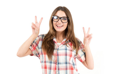 Very happy woman. Pretty cheerful woman gesture with fingers V. Clever woman in glasses.