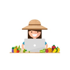 Sell concept with women farmer And laptop. Vegetable Fruit. Happy Farmer fresh natural products. Vector illustration in a flat style.