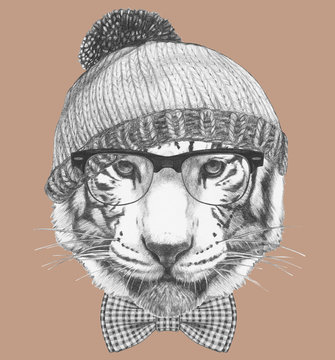 Portrait of Hipster Tiger. Portrait of Tiger with sunglasses and hat. Hand-drawn illustration.