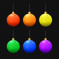 Christmas Vector Ball Set Isolated on Dark Background. Xmas Ball Toy Icons in Different Colors. Christmas Collection for Design. Cartoon Vector Illustration.