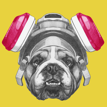 Portrait of English Bulldog with gas mask, hand-drawn illustration