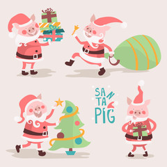 Cartoon pig Santa Claus. Funny Christmas piglets set. Piggy with gifts bag, swine with Christmas tree and stack of gifts. Cute, adorable, graphic kids print, poster, background