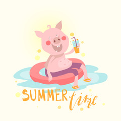 Cartoon pig, piggy, piglet in the float pool with glass of juice. Funny summer season activity fun graphic illustration. Summer time typography, lettering. Cute adorable swine. Kids print, poster
