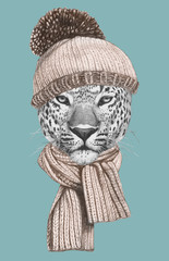 Portrait of Leopard with hat and scarf. Hand-drawn illustration.
